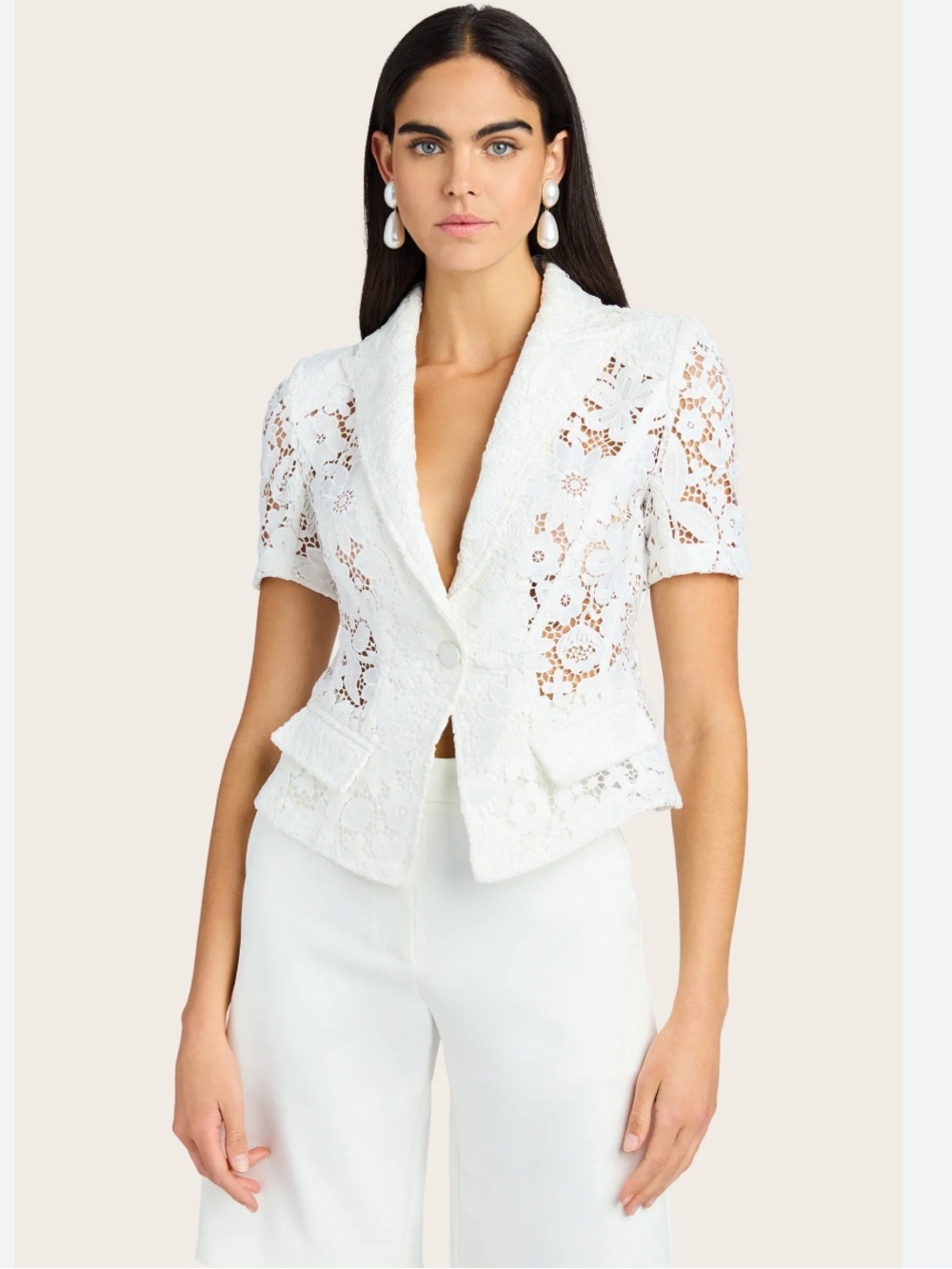 GENERATION LOVE Lace Short-Sleeve Blazer Jacket - White - Picture 11 of 16